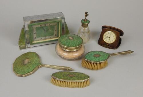 An Art Deco style simulated shagreen and silver plated part dressing table set