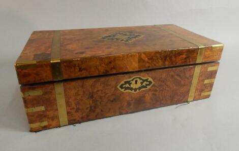 A Victorian burr walnut and brass bound writing box