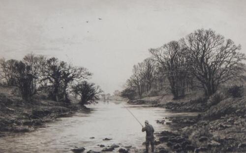 After Fred Slocombe (1847-1920). A river scene with a fisherman playing a fish