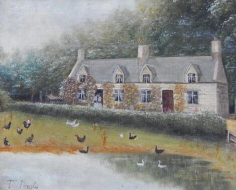 Early 20thC School. Naive village scene with cottage and geese