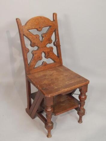 A late 19thC Victorian oak Gothic style metamophic library chair