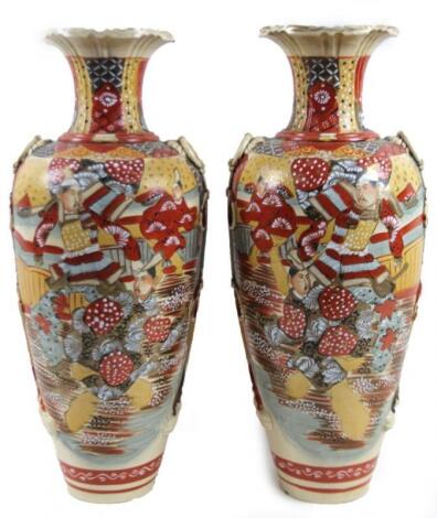 A pair of late 19thC satsuma pottery Samurai vases