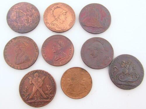 Nine regional British trade tokens.