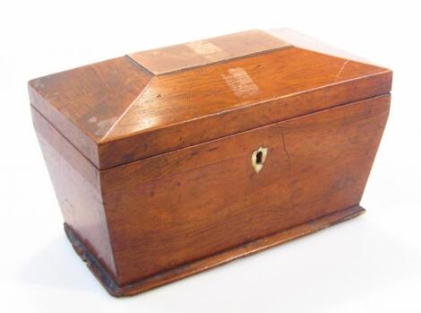 A 19thC mahogany sarcophagus shaped tea caddy