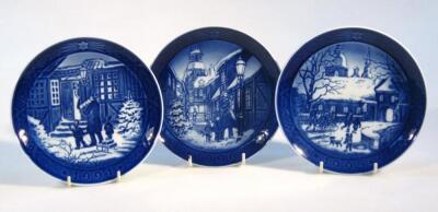 Three boxed Royal Copenhagen blue and white Christmas plates