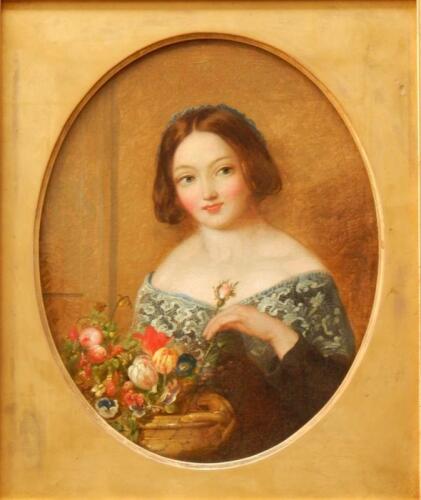 William Powell Frith (1819-1909). Portrait of a young girl holding a bouquet of flowers