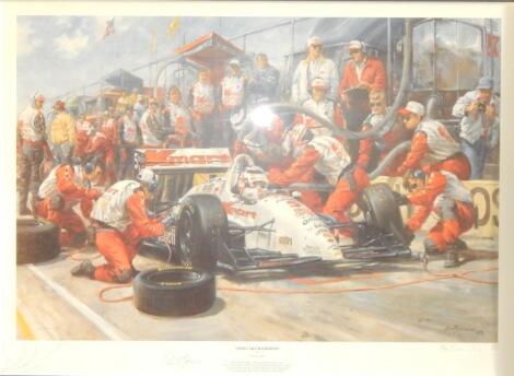 After Alan Fearnley. A limited edition print depicting Nigel Mansell making a routine pit stop on h