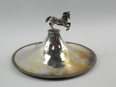 A Victorian silver lid with a prancing horse finial