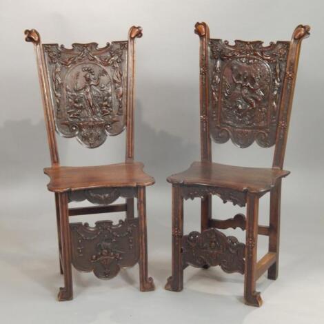 A pair of Continental walnut hall chairs