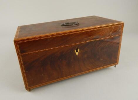 An early 19thC mahogany satinwood and inlaid tea caddy