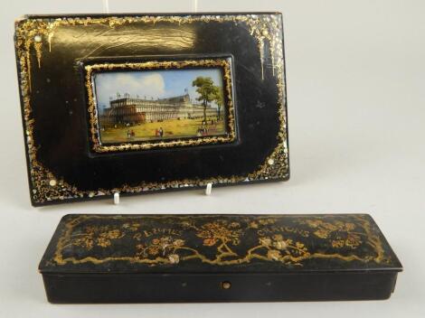 A 19thC papier mache mother of pearl and gilt highlighted blotter