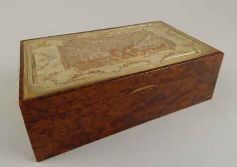 An early 20thC burr wood and metal bridge box