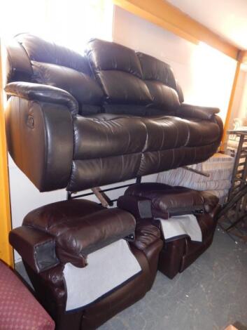 A black and dark brown leather reclining three piece suite