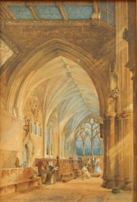 Caroline Brereton (19thC). Church interior with figures