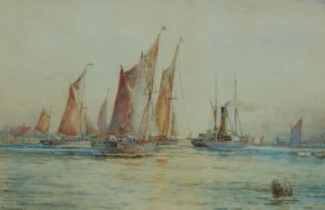 19thC School. Masted ships and steam boat in river scene