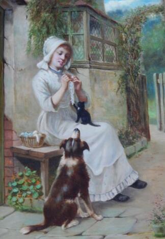 After Charles Sillem Lidderdale (1831-1895). Young maiden with kitten and dog in garden scene