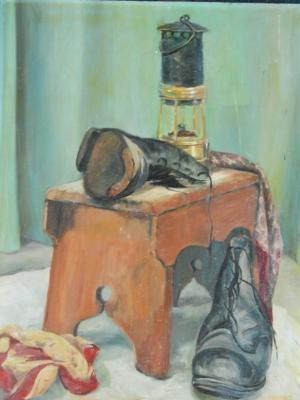 E Newns (20thC). Miner's boots and lamps