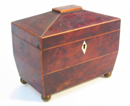 A Regency burr wood sarcophagus tea caddy