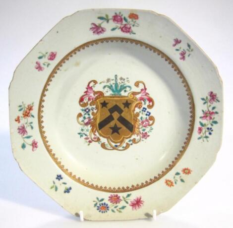 An 18thC Chinese Export famille rose armorial plate