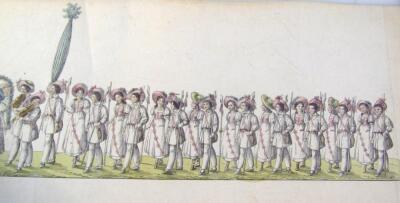 After Spengler. A late 19thC linen backed paper print of a marching procession of various soldiers e - 5