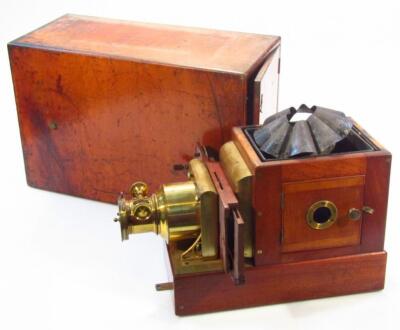 A late 19thC mahogany cased New Pamphengos magic lantern projector with W C Hughes patent