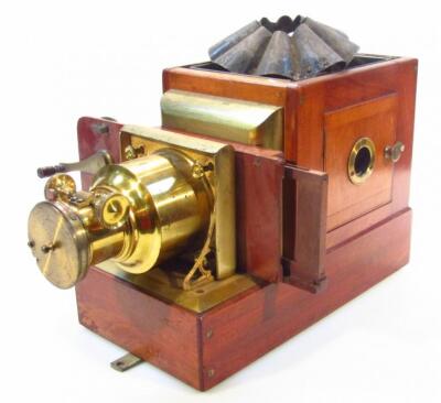 A late 19thC mahogany cased New Pamphengos magic lantern projector with W C Hughes patent - 2