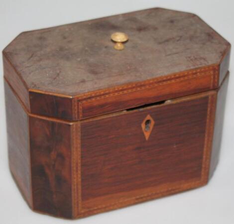 A George III octagonal shaped walnut rosewood and straw inlaid tea caddy