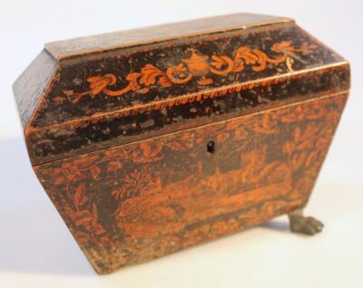 A Regency black lacquer tea caddy