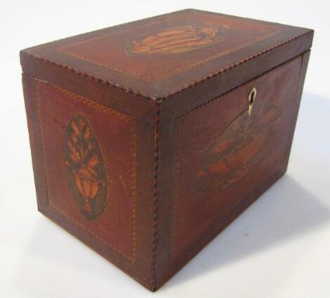 A George III Sheraton style mahogany box wood and string inlaid tea caddy