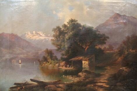 19thC Continental school. Figures in a hut before trees and snow capped mountains aside lake