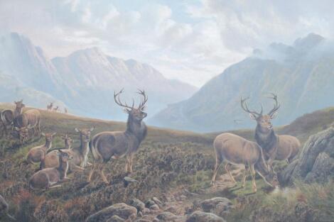 W P Hollyer (1894-1922). Deer in a Highland landscape in bracken before mountains with clouds gather