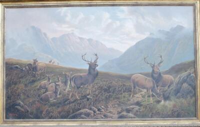 W P Hollyer (1894-1922). Deer in a Highland landscape in bracken before mountains with clouds gather - 2