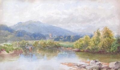 19thC School. Figure on horse and cart crossing stream with cattle and mountains in the distance