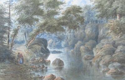 In the manner of Copley-Fielding. Figures beside a stream with trees in the distance