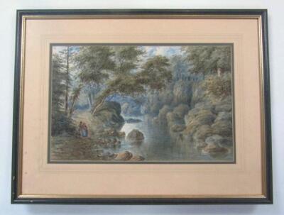 In the manner of Copley-Fielding. Figures beside a stream with trees in the distance - 2