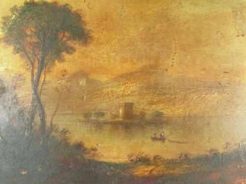 18thC English School. Trees before lake with figures boating