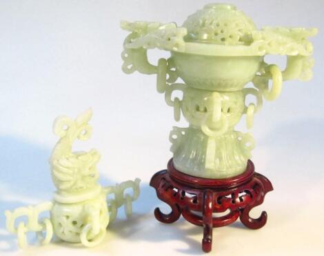 A Chinese light green jade incense burner