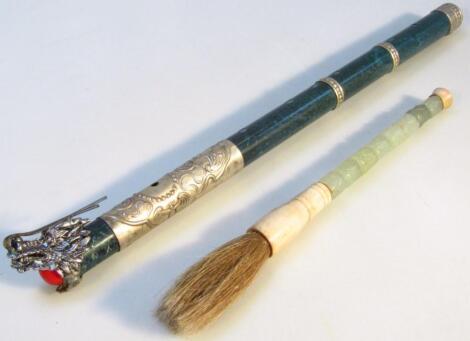 An early 20thC bone and jade handled brush