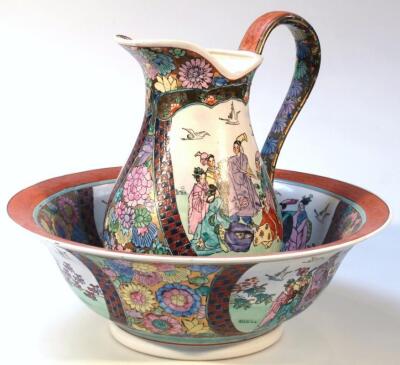 A 20thC oriental design earthenware jug and bowl