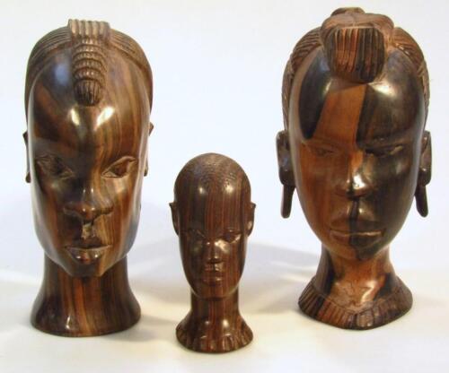 Three various mid-20thC African carved hardwood heads