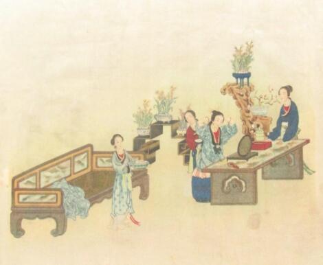 19thC Japanese School. Ladies at leisure before settee and plants