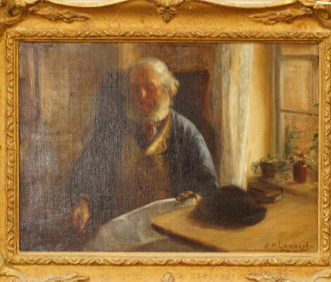 A M Lambert (British 19thC). Man reading a newspaper at a window