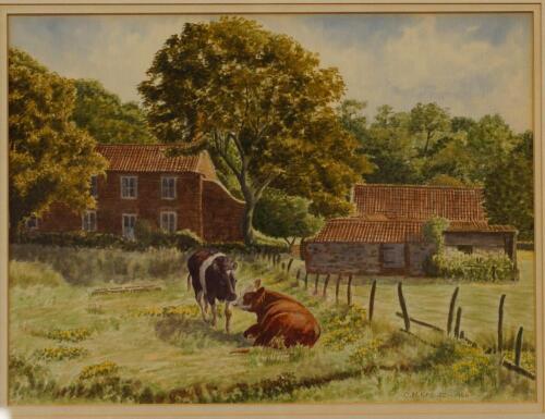 Charles Edward Lerauss (British 20thC). Cattle by a Lincolnshire farmstead