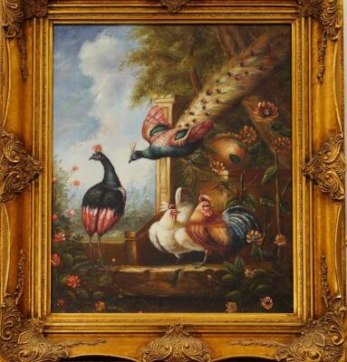 After Marmaduke Cradock (1660-1716). Peacocks and chickens in a formal garden