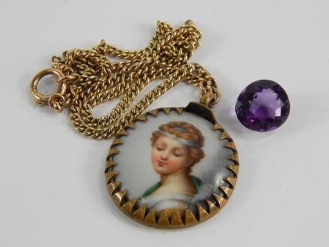 A Continental circular porcelain plaque decorated with the bust portrait of an angelic woman