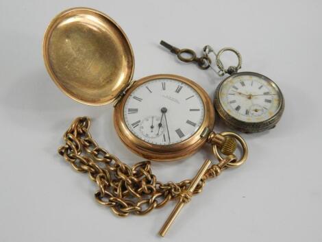 A Waltham gold plated gentleman's hunter cased pocket watch, keyless wind, enamel dial bearing Roman numerals, subsidiary seconds dial, on a plated kerb link Albert chain with T bar as fitted, together with a lady's French white metal cased, open faced, k