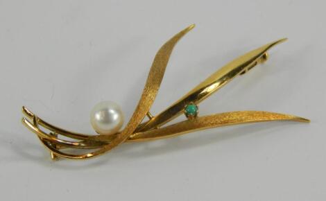 A yellow metal simulated pearl and turquoise spray brooch