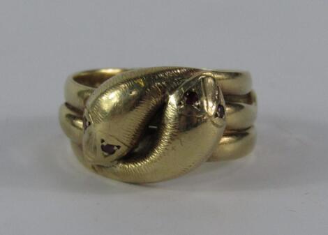 A 9ct gold entwined serpent ring