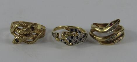 Three gold and gem set rings