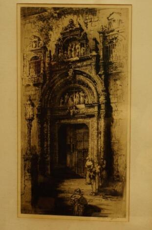 After Andrew Affleck. Dry point etching of a doorway at Santa Cruise